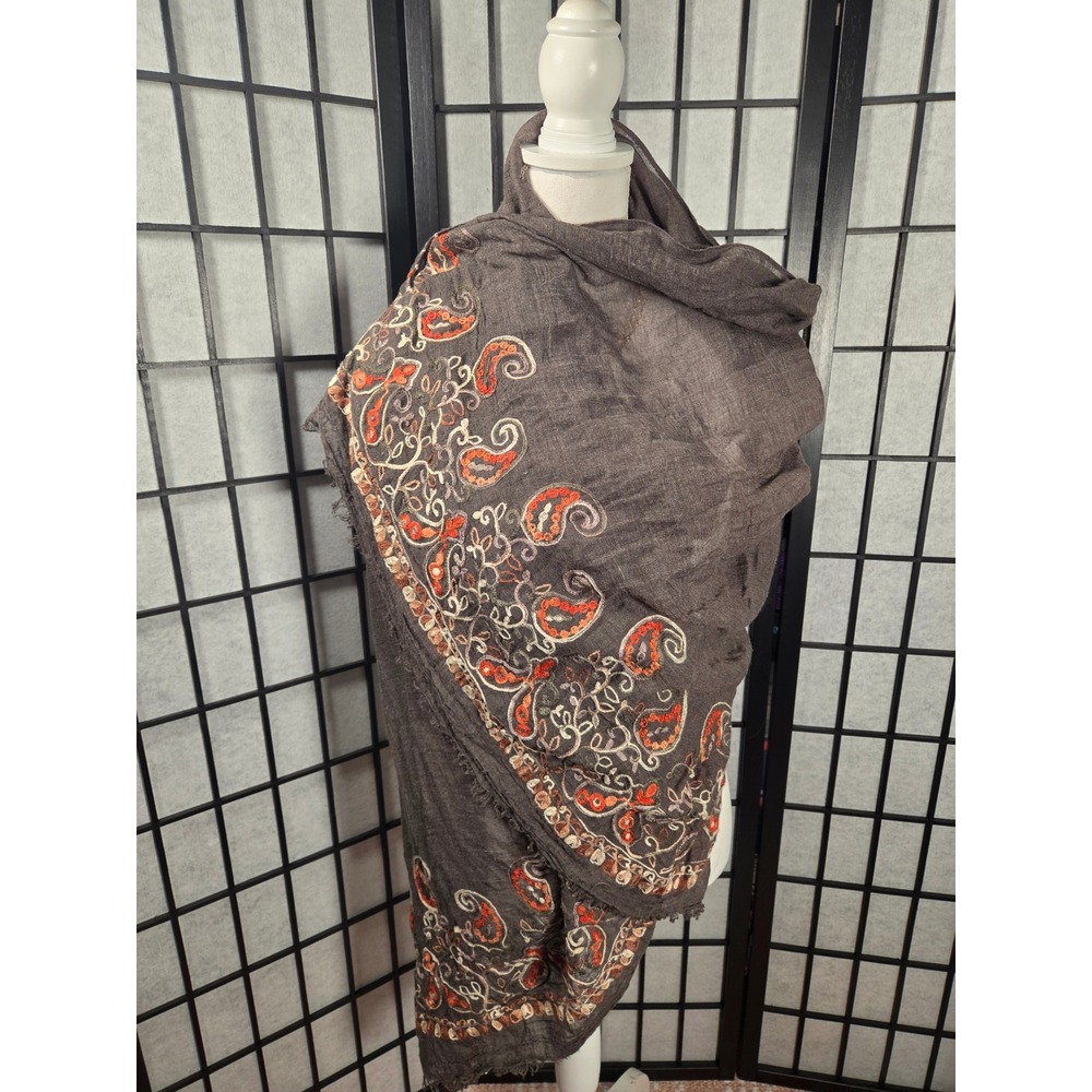 Paisley Lagenlookn Boho Artsy Embroidered Shawl Scarf Cotton Blend Wrap
